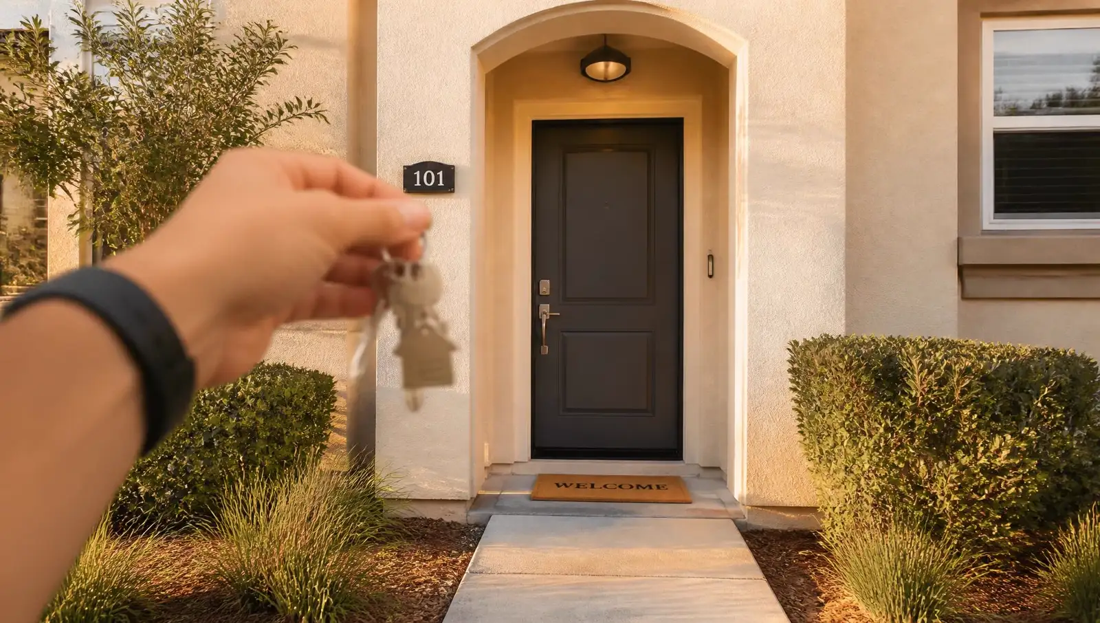 Keys handed over at a well-kept rental townhome entry