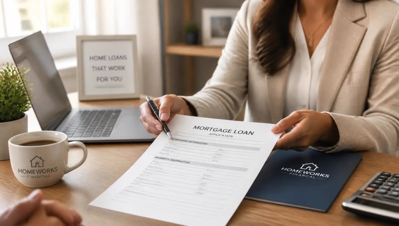 Loan officer reviewing a mortgage application at a bright desk