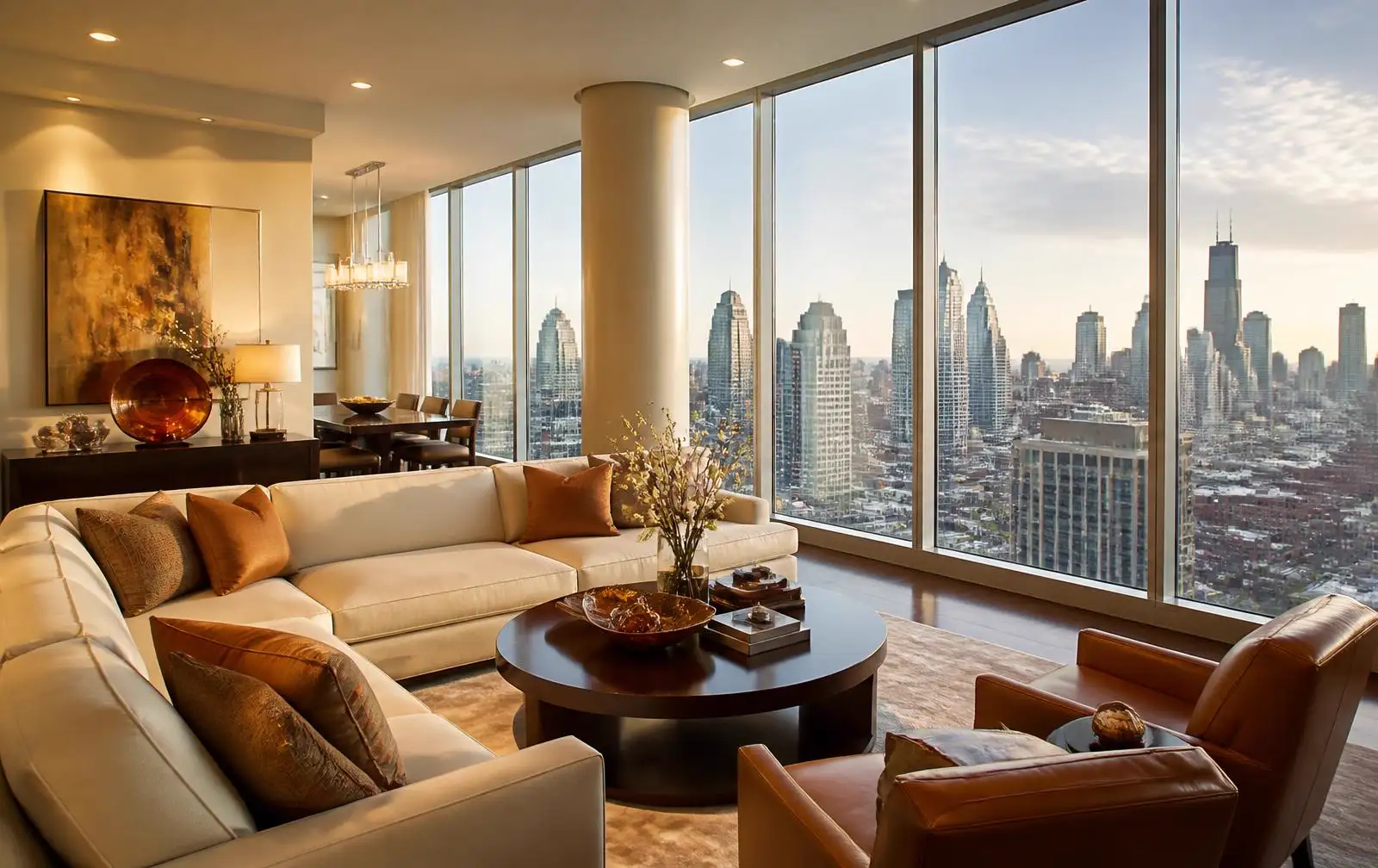 High-rise condo living room with skyline views