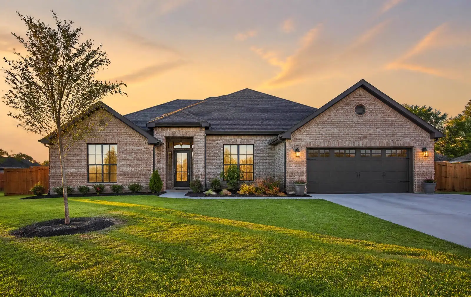 Brick ranch home with landscaped lawn